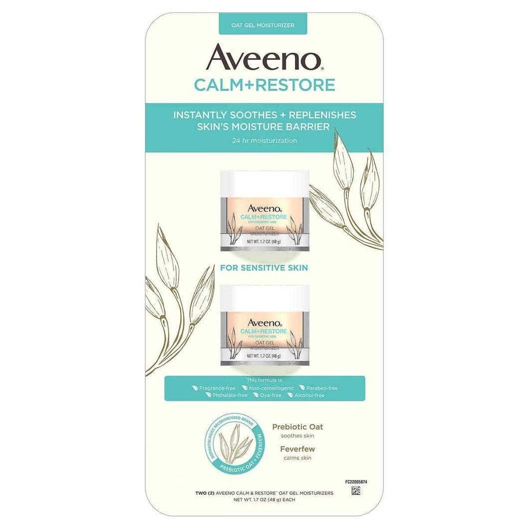 Aveeno Calm+Restore Oat Gel Face Moisturizer, Sensitive Skin, 1.7 oz - Hypoallergenic, Fragrance & Paraben-Free (Pack of 2)