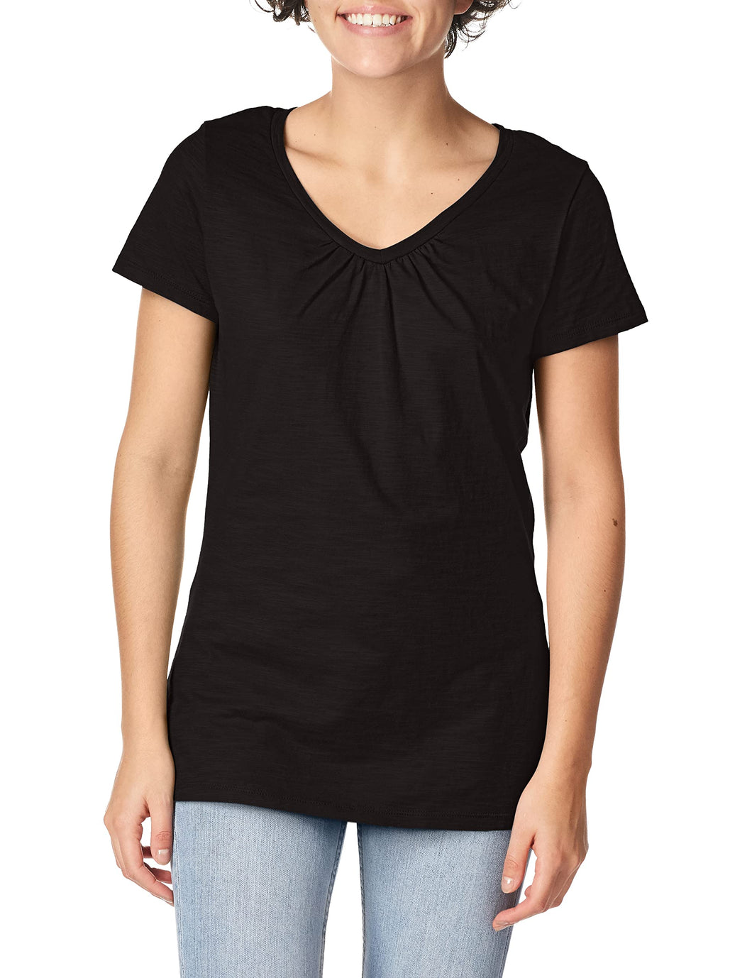 Hanes Slub Jersey Shirred V-Neck