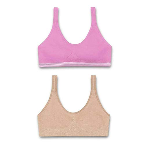 Hanes Girls' Seamless ComfortFlex Fit Cozy Pullover Bra 2-Pack, Magenta Quartz White Stripes/Nude, Large