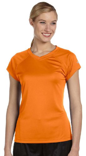 Champion Women's Essential Double Dry V-Neck Tee,Safety Orange,X-Small