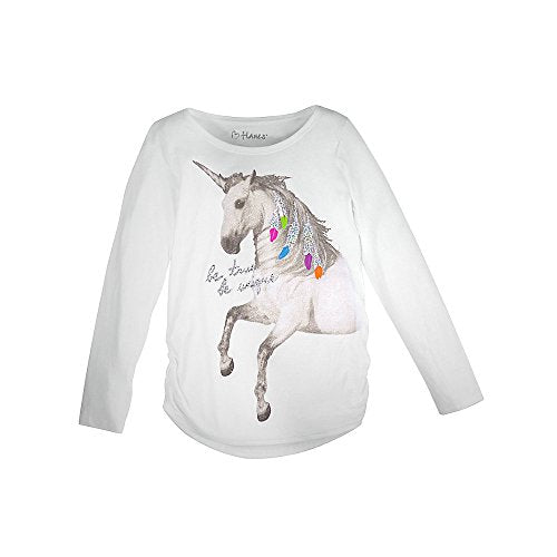 Hanes Girl`s Graphic Shirred Sideseam Long Sleeve Tee, L, Unicorn Message/White