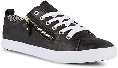 Women's Alley Faux Leather Fashion Sneaker with Decorative Zipper  Black